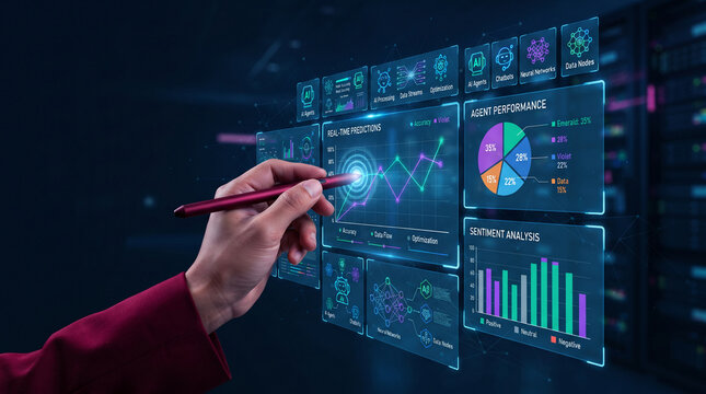 Hand interacting with futuristic digital interface displaying AI data analytics, charts, and graphs, symbolizing innovation and business intelligence.