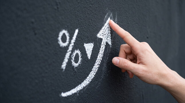 Hand drawing a white chalk arrow and percentage sign on dark rough surface, symbolizing growth and financial progress