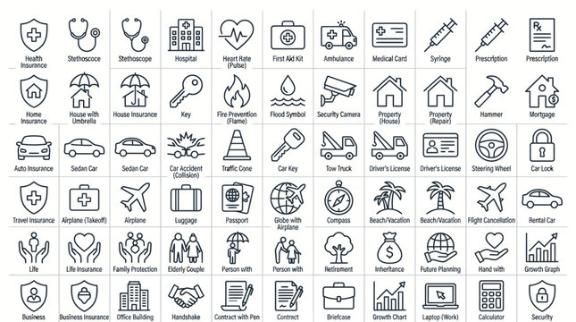 Life and Travel Insurance Thin Line Icon Set