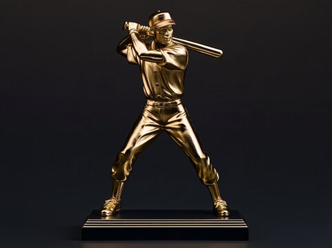 A full-length studio photograph of a polished gold baseball trophy figurine on a solid dark black background