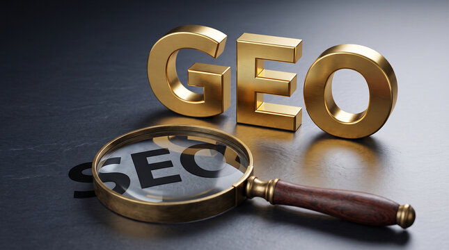 Golden 3D letters spelling "GEO" and a magnifying glass over "SEO", symbolizing search engine optimization and digital marketing analysis