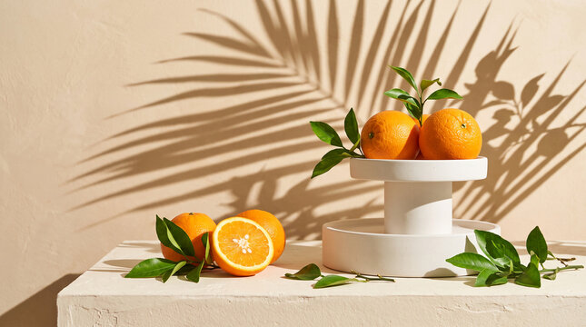 Oranges with green leaf accents displayed on a white pedestal and surface, with palm leaf shadows, symbolizing freshness and summer