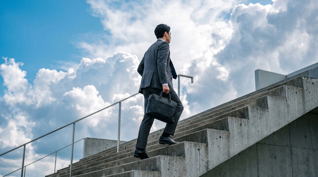Man in suit climbing stairs with briefcase, symbolizing career advancement and ambition against a cloudy sky background.