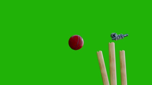 Red Shiny Leather Cricket Ball Hitting Wooden Stumps and Bails Green Screen 4K Animation Video