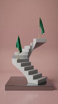 Minimalist display of grey stairs and green flags on a reflective base, symbolizing achievement and victory, perfect for presentations.