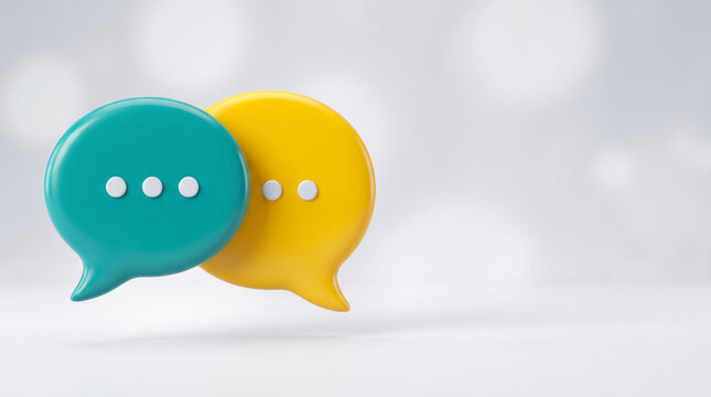 Two glossy speech bubbles, one turquoise and one yellow, float on a light, bokeh background, symbolizing communication and dialogue.
