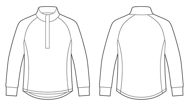 mens quarter zip placket raglan warm up top flat sketch vector illustration gym and training long sleeve zip up sports t shirt technical cad drawing template