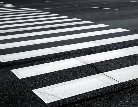 Close-up of a white pedestrian crosswalk on hot asphalt with heat haze rising from the road