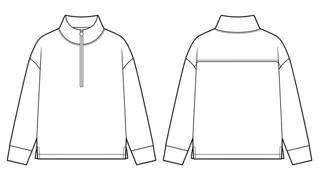 mens oversized quarter zip dropped shoulder top flat sketch vector illustration gym and training long sleeve zip up sports shirt technical cad drawing template