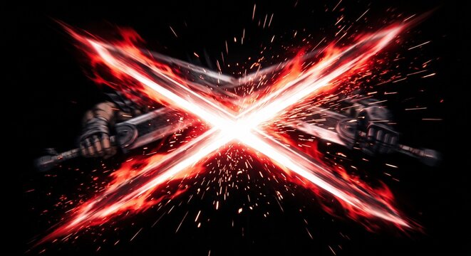 Glowing Red and White X-Shaped Double Sword Slash Light Trail