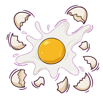 Cracked egg with yellow yolk and broken shell fragments vector
