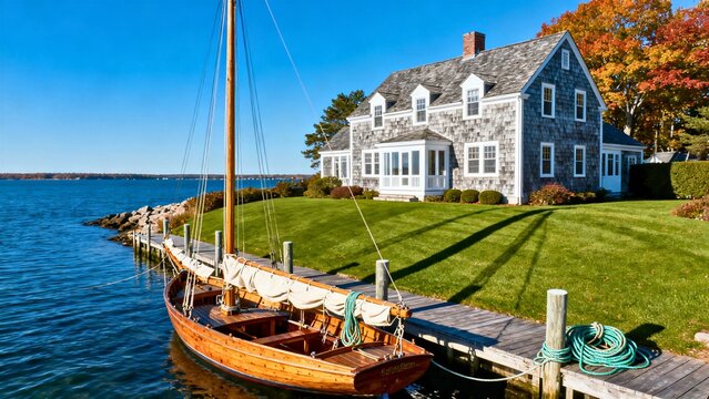 A classic shingle-style estate in Connecticut with weathered grey cedar shakes and white trim, harsh autumn sun casting sharp shadows, calm slate-blue Sound waters, and an antique sailboat.