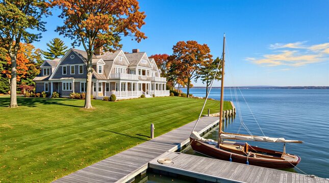 A classic shingle-style estate in Connecticut with weathered grey cedar shakes and white trim, harsh autumn sun casting sharp shadows, calm slate-blue Sound waters, and an antique sailboat.