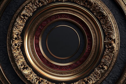 High-detail 3D render of an ornate concentric circular frame, top-down view, centered composition