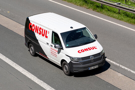 Wiehl, Germany - May 26, 2026: Consul Volkswagen Transporter T6 van on motorway