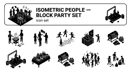 Fototapeta premium Isometric Silhouette People Neighborhood Block Party BBQ Neighbors Kids Games Food Table Live Music Dancing 10 Icons Flat Vector Silhouette