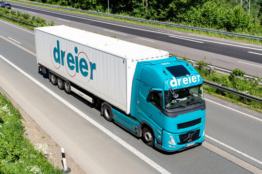 Wiehl, Germany - May 26, 2026: dreier Volvo FH truck with box trailer on motorway