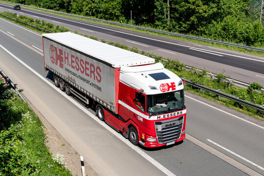 Wiehl, Germany - May 26, 2026: H. Essers DAF XG truck with curtainside trailer on motorway