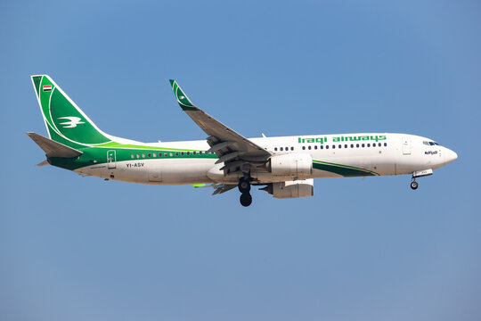 Iraqi Airways Boeing 737-800 (YI-ASV) landing at Dubai International Airport on November 21, 2025 in Dubai, UAE