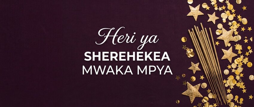 Swahili Happy New Year background banner with gold festive stars, confetti, sparklers, dark purple background, Heri ya Sherehekea Mwaka Mpya greeting card design for holiday celebration layout.