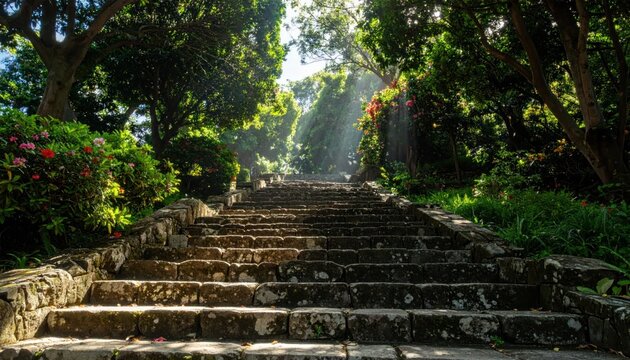 Sunlit stone staircase through lush green garden park.