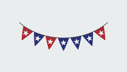 Fototapeta premium Patriotic bunting flags garland with red and blue triangular pennants featuring white stars hanging in a smooth curve.