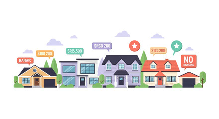 Fototapeta premium Real Estate Market Illustration with Suburban Houses, Price Tags, and Ratings for Property Valuation