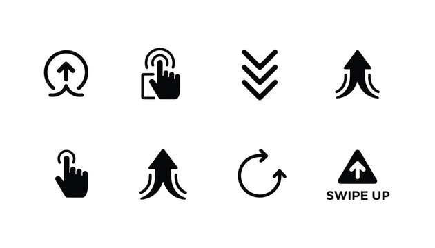 Mobile screen hand gestures including swipe up click double tap scroll down and rotate clockwise icon set.