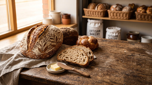 Fresh artisan sourdough bread on a rustic wooden table in a bakery kitchen setting.