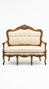 Ornate antique gold carved sofa with cream damask upholstery