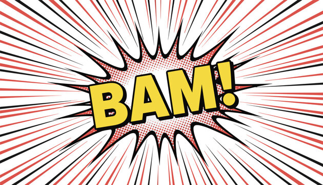 Comic book style explosion banner featuring the word bam in bold yellow font over a dynamic red and white burst.