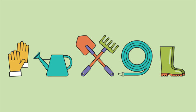 Collection of colorful flat gardening icons including gloves, watering can, shovel, rake, hose, and rubber boot.
