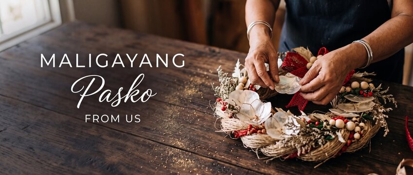 Filipino Christmas wreath crafting hands assembling handmade capiz shell decoration on wooden table with Maligayang Pasko text for festive holiday greeting card background banner design concept.