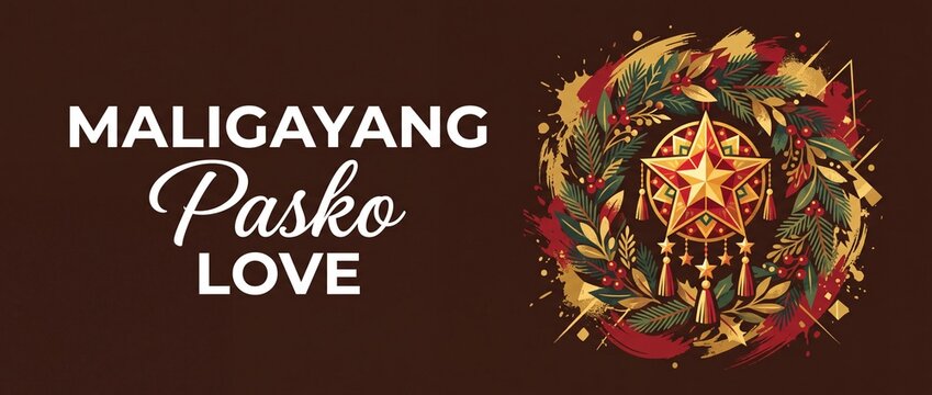 Maligayang Pasko Filipino Christmas Wreath Parol Star Lantern Banner Greeting with Traditional Holiday Decoration, Gold Splatter Accent, Red Background, Warm Festive Celebration Header Design.