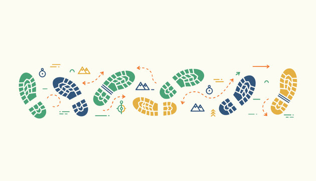 Hiking shoe prints trail vector banner with compasses, mountain peaks, forest trees, and path direction lines.