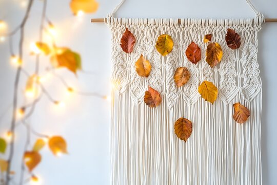 Macrame wall hanging with dried autumn leaves woven in, white wall background, boho fall decor, soft diffused light