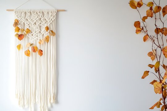 Macrame wall hanging with dried autumn leaves woven in, white wall background, boho fall decor, soft diffused light