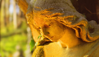 Fototapeta premium Sorrowful angel statue with bowed head illuminated by warm golden sunlight, symbol of grief, remembrance, loss and eternal memory.