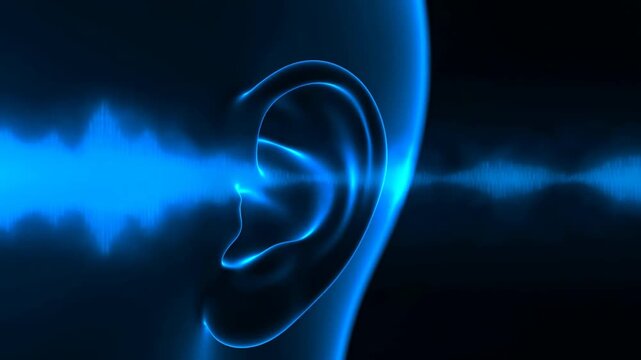 Glowing Blue Human Ear with Sound Wave on Black Background for Audio Concept