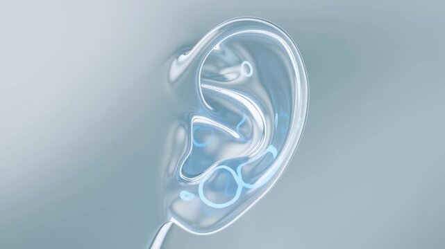 Metallic human ear displayed against soft blue background in abstract close view