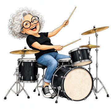 Laughing Grandma Drummer Leaning Back Mid Drum Roll