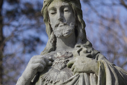Sacred Heart of Jesus statue, traditional Christian symbol of divine love, faith, mercy and devotion.