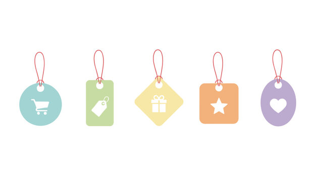 Five pastel colored hanging tags featuring retail icons of shopping cart, sale tag, gift box, star, and heart for e-commerce.