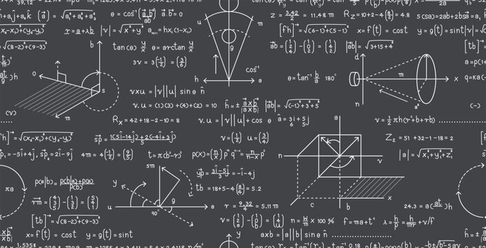 Seamless pattern of vector math formulas and graphs on a blackboard.