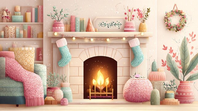 Cozy holiday living room with a warm fireplace.