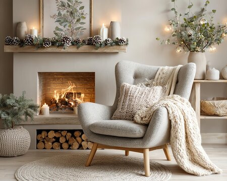 Cozy living room with fireplace and relax chair.