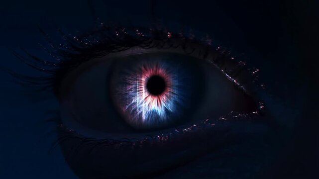 Human eye with blue and brown iris in dramatic low light extreme closeup