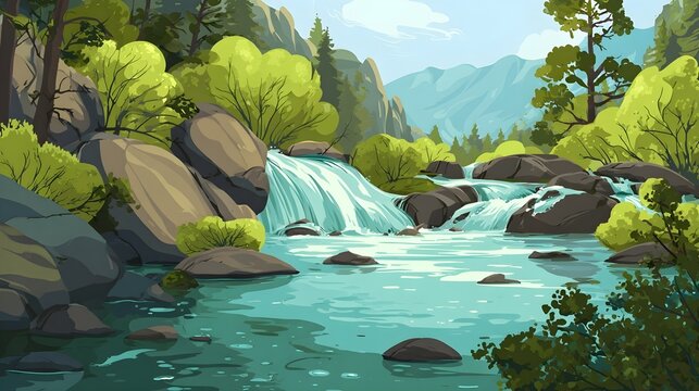 turquoise river flowing over rocks with small waterfalls and trees