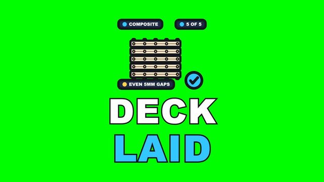 4K green screen DECK LAID animated text - the boards running in across the joists with an even gap, kinetic typography fencing overlay for landscaping content, chroma key
