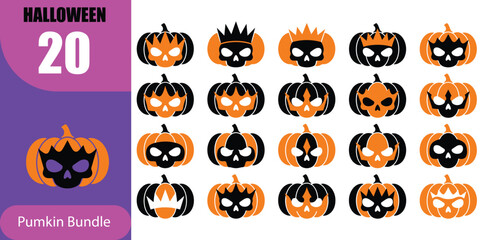 Fototapeta premium Set of twenty unique halloween pumpkin jack o lantern illustrations with spooky faces and glowing eyes